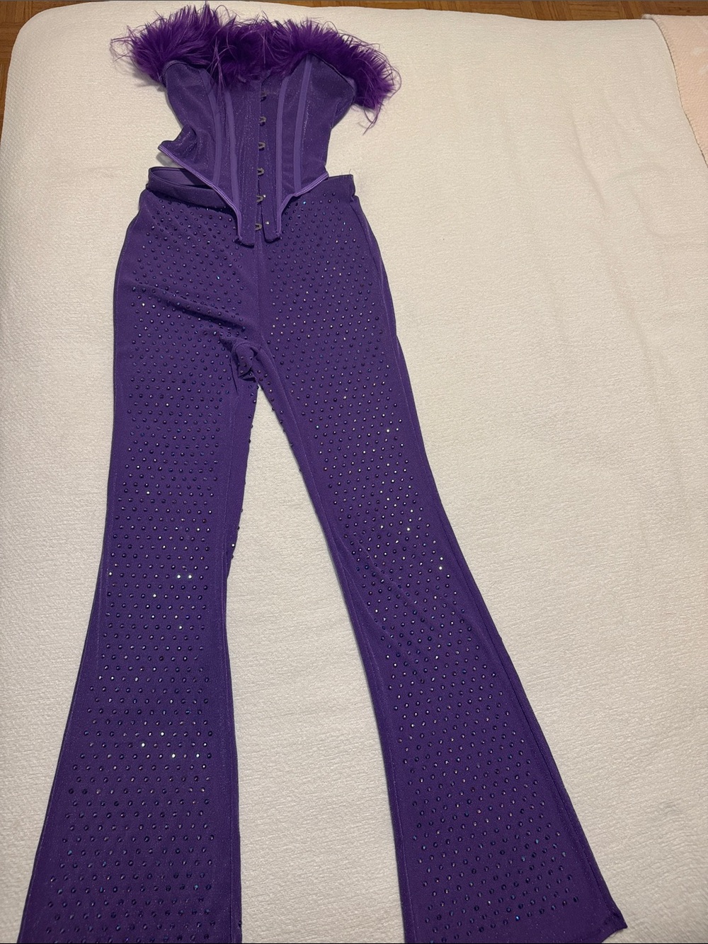 Rhinestone flare leg pants and Bae fuzzy trim mesh tube top